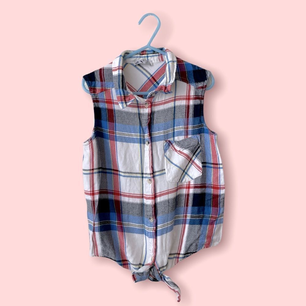 ❤️ DEX Girls Sleeveless Plaid Button down Top Size L ❤️